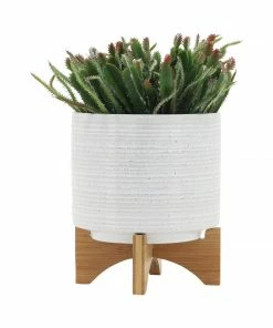 SB WHITE SPECKLED LINES PLANTER W/STAND BOHO