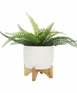 SB WHITE GEO LINES & CIRCLES PLANTER W/STAND BOHO