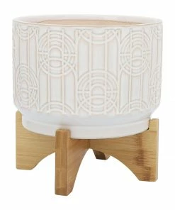 SB WHITE GEO LINES & CIRCLES PLANTER W/STAND BOHO