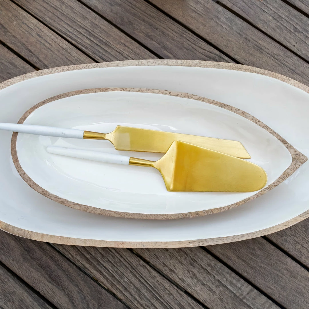 BH MANGO WOOD & WHITE ENAMEL OVAL DISH, SMALL ENTERTAINING 6 BH MANGO WOOD & WHITE ENAMEL OVAL DISH, SMALL ENTERTAINING