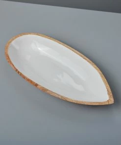 BH MANGO WOOD & WHITE ENAMEL OVAL DISH, SMALL ENTERTAINING 8 BH MANGO WOOD & WHITE ENAMEL OVAL DISH, SMALL ENTERTAINING