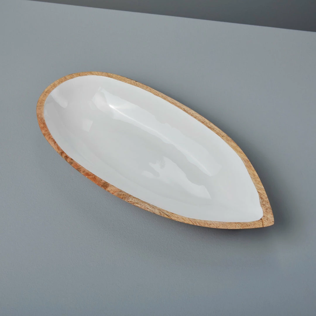 BH MANGO WOOD & WHITE ENAMEL OVAL DISH, SMALL ENTERTAINING 5 BH MANGO WOOD & WHITE ENAMEL OVAL DISH, SMALL ENTERTAINING