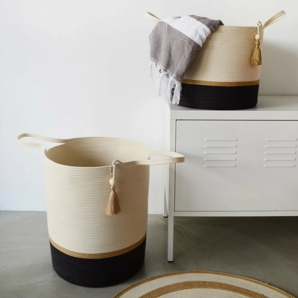 MM BASKETS JUTE & BLACK COTTON FLOOR BASKET 5 MM BASKETS JUTE & BLACK COTTON FLOOR BASKET