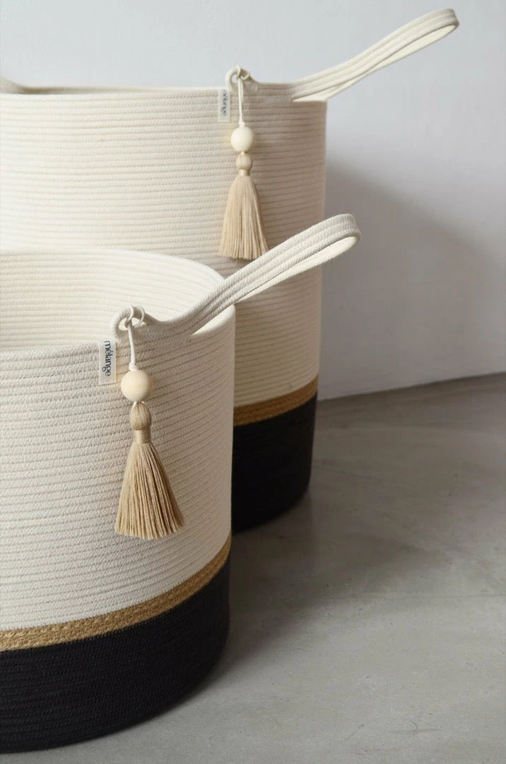 MM BASKETS JUTE & BLACK COTTON FLOOR BASKET 6 MM BASKETS JUTE & BLACK COTTON FLOOR BASKET