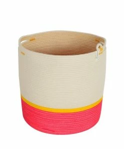 MM BASKETS PINK & YELLOW COTTON HANDLE TALL CYLINDER BASKET