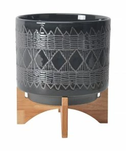 SB BOHO BLACK CERAMIC AZTEC PLANTERS ON WOOD STAND